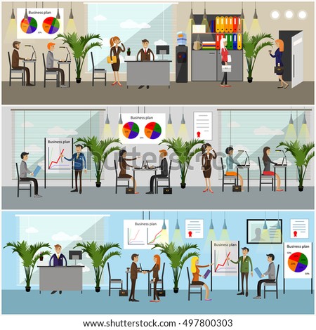 stock vector vector set of office interior banners in flat style design business people and office workers 497800303