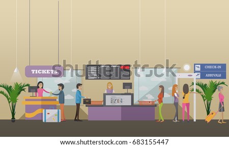 Illustration of passengers going through check-in counters at the airport. Ticket counter, baggage check-in, metal detector. Airport terminal concept design element in flat style.