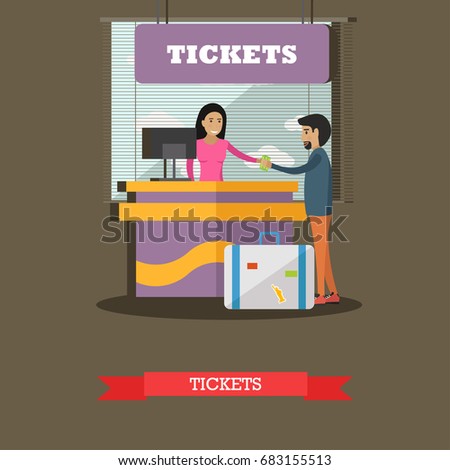 Airport ticket counter concept illustration in flat style. Ticket agent and passenger characters.