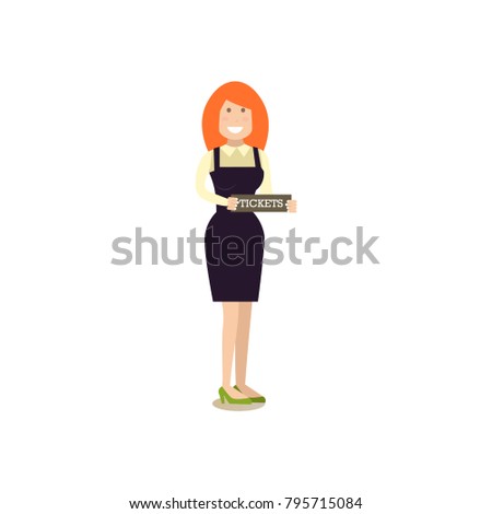 Illustration of ticket agent with tickets. Airport people flat style design element, icon isolated on white background.