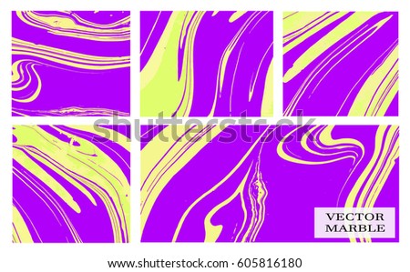Abstract vector creative card templates. Weddings, menu, invitations, birthday, business cards with marble texture in purple and yellow colors.