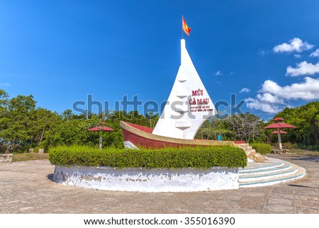 Ca Mau, Vietnam - April 7th, 2015: Milestone Southernmost point with boat-shaped monument with sails seaward territorial claims in the region Southernmost Ca Mau, Vietnam