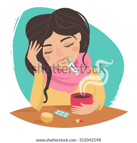 stock vector sick girl cold medications thermometer tea with lemon vector isolated illustration cartoon 352042598