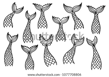 Set Mermaid Tail Silhouettes Hand Drawn Stock Vector 1077708806 ...