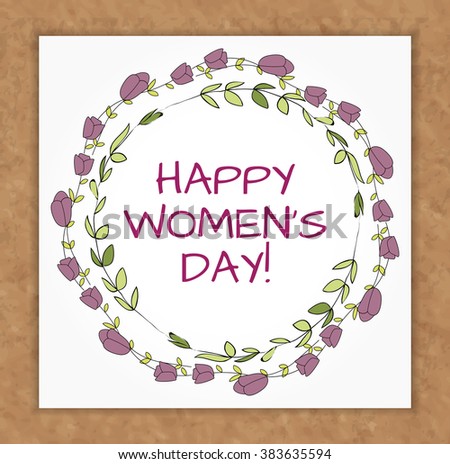 Vector Floral spring festive Illustration.Happy International Women's Day Greeting Card Design. Blue tulips wreath.Template for poster, banner, ivitation, advertisement, congradulation for 8 March Day