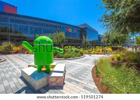 Mountain View, California, USA - August 15, 2016: Android Nougat replica in front of Google office in Google headquarters building.