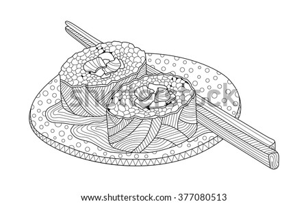 Sushi On Plate Coloring Book Illustration Stock Vector 377080513