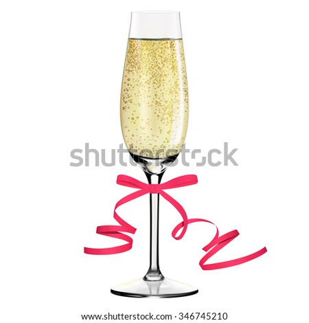 Glass of champagne with ribbon. Merry Christmas and Happy New Year concept. Vector Illustration