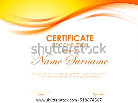 Certificate of completion template with dynamic orange soft wavy background. Vector illustration
