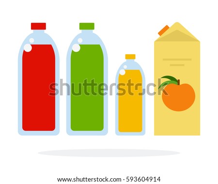 Fruit juice in bottles and paper box vector flat material design isolated on white