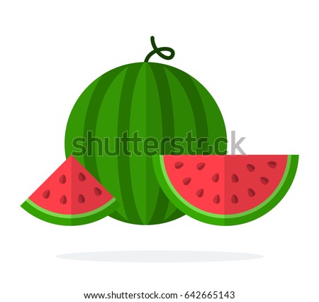 A whole watermelon and slices of watermelon with seeds vector flat material design isolated on white