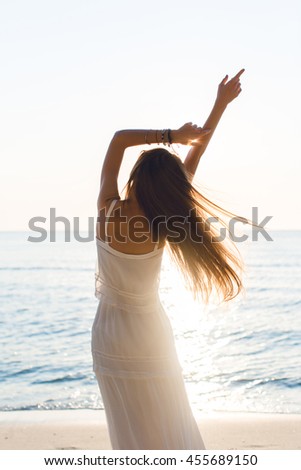 Woman white dress sun setting on beach images Woman white dress sun setting on beach images