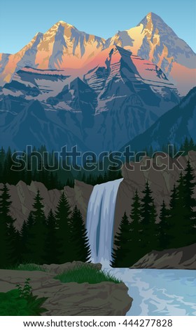 vector beautiful waterfall in evening mountains