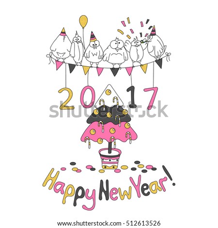 Happy New Year Greeting Card With Cartoon Funny Birds Hand Draw Vector Illustration Trendy