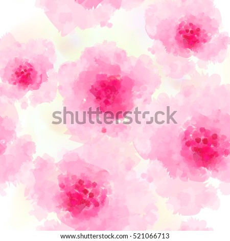 Seamless background pattern of delicate pink Sakura blossom or Japanese flowering cherry symbolic of Spring in a random arrangement on a white background. Watercolor imitation.