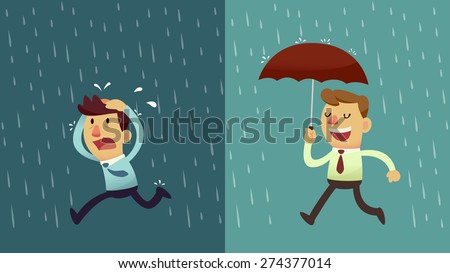 businessman run from the rain while another businessman has the umbrella