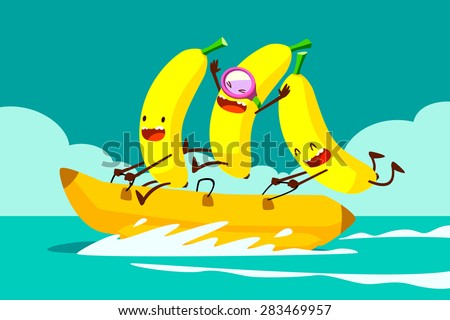 Illustration of tree bananas riding banana boat in the sea