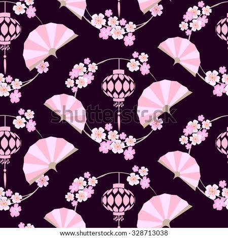 Japanese stylized pattern with pink fans, lanterns and sakura flowers. Paper lanterns hanging on round Sakura branches.