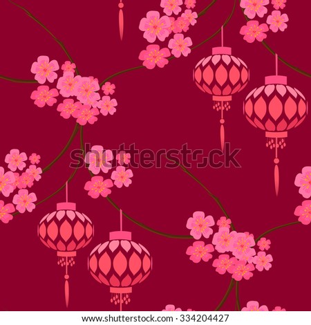 Japanese stylized pattern with pink lanterns and sakura flowers. Paper lanterns hanging on sakura branches.