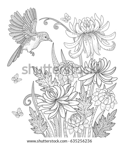 Bird Flowers Butterfly Garden Page Adult Stock Vector