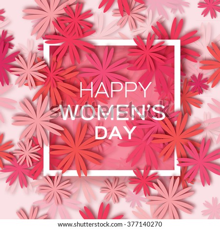 Abstract Pink Red Floral Greeting card - International Happy Women's Day - 8 March holiday background with paper cut Frame Flowers. Trendy Design Template. Vector illustration.