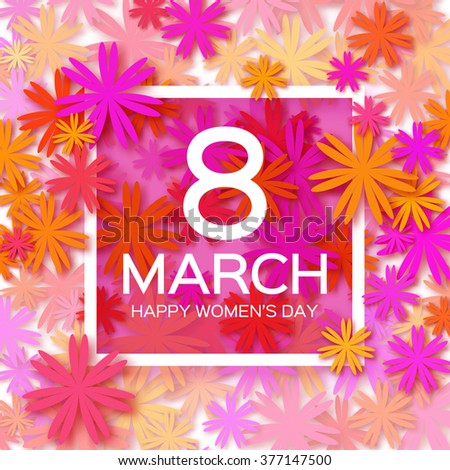 Abstract Pink Orange Floral Greeting card - International Happy Women's Day - 8 March holiday background with paper cut Frame Flowers. Trendy Design Template. Vector illustration.