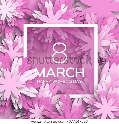 Abstract Purple Floral Greeting card - International Happy Women's Day - 8 March holiday background with paper cut Frame Flowers. Trendy Design Template. Vector illustration.