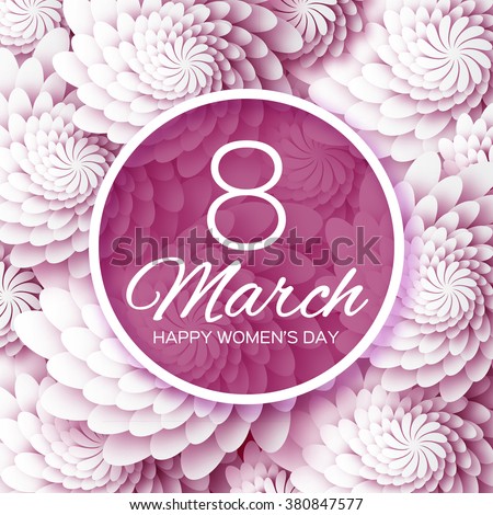 Abstract White Purple Floral Greeting card - International Happy Women's Day - 8 March holiday background with paper cut Frame Flowers. Happy Mother's Day. Trendy Design Template. Vector illustration.