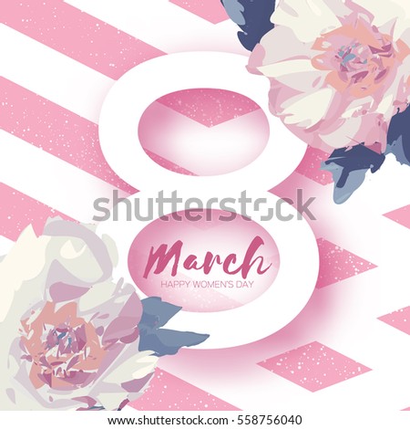 Showy Bouquet White Peony Flowers. Beautiful Floral Greeting card with Paper cut eight and space for text. Origami 8 March. International Happy Women's Day. Stripes background.Vector illustration