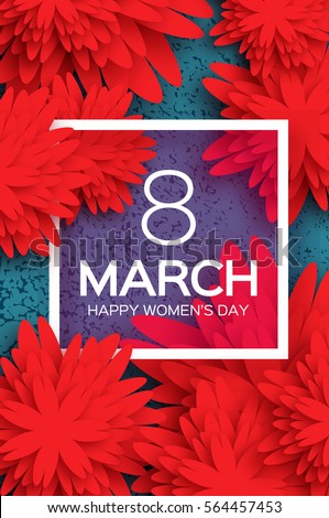 8 March. Happy Mother's Day. Red Paper cut Floral Greeting card. Origami flower holiday background. Square Frame, space for text. Happy Women's Day. Trendy Design Template. Vector illustration