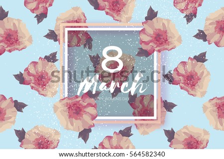 Showy Bouquet Peony Flowers. Beautiful Floral Greeting card with square frame and space for text. 8 March. International Happy Women's Day. Paper cut eight. Trendy Design Template. Vector illustration