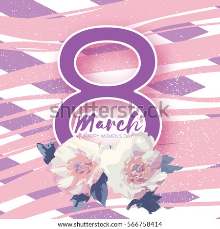 Showy Bouquet White Peony Flowers. Beautiful Floral Greeting card with Paper cut violet eight, space for text. Origami 8 March. International Happy Women's Day. Stripes background.Vector illustration