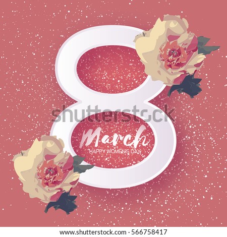 Showy Bouquet Peony Flowers. Beautiful Floral Greeting card with Paper cut eight and space for text. Origami 8 March. International Happy Women's Day. Trendy Design Template. Vector illustration