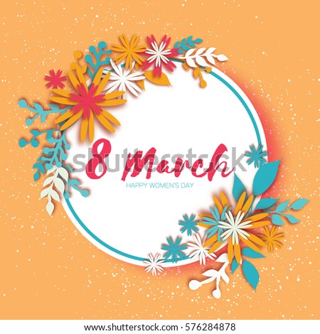 8 March. Happy Mother's Day. Colorful Paper cut Wreath Floral Greeting card. Origami flower holiday. Circle Frame, space for text. Happy Women's Day. Trendy Design Template. Vector illustration