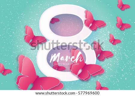 8 March. Happy Mother's Day. Paper cut Pink Wild Butterfly and white Eight. Beautiful Origami insect holiday background. Nature Greeting card. Happy Women's Day. Vector illustration
