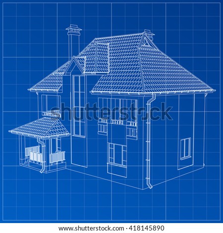 Wireframe Blueprint Drawing 3d Building Vector Stock Vector 418145890 ...