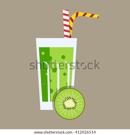 Fresh kiwi juice. Kiwi juice on grey background. Kiwi smoothies in a glass. Kiwi juice with tubule. Fresh juice for menu in cafe. Fresh kiwi juice in a glass. Summer drink with tubule. Cold juice