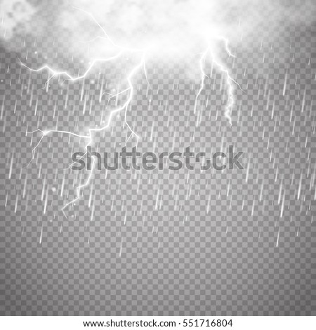 Storm and Lightning with rain and white cloud isolated on transparent background. Vector