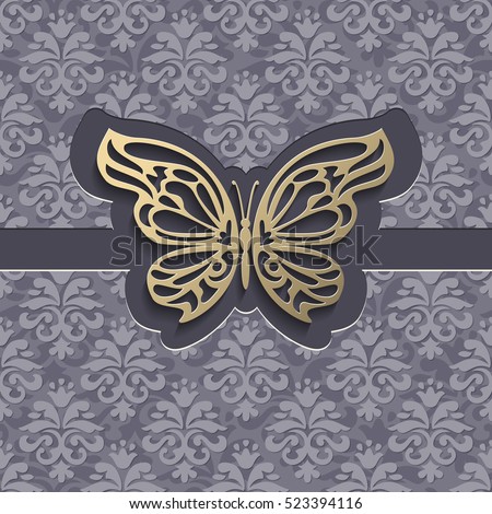 Vintage Paper Cut Vector Background 3d Golden Lacy Butterfly On Grey Ornamental Invitation Vintage Paper Cut Vector Background 3d Golden Lacy Butterfly On Grey Ornamental Invitation