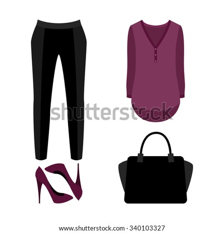 Set of trendy women's clothes. Outfit of woman panties, blouse and accessories. Women's wardrobe. Vector illustration