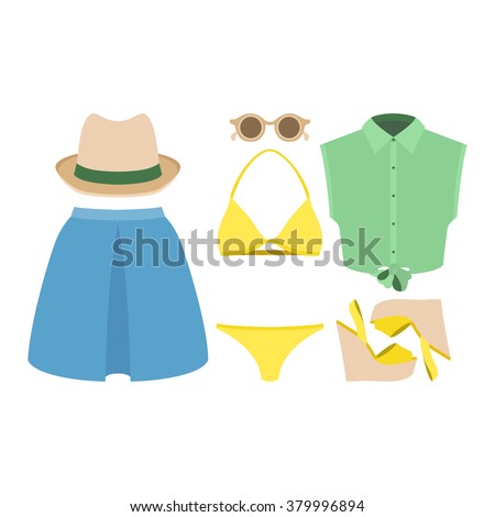 Set of trendy women's clothes. Outfit of woman swimsuit, skirt, shirt and accessories. Women's wardrobe. Vector illustration