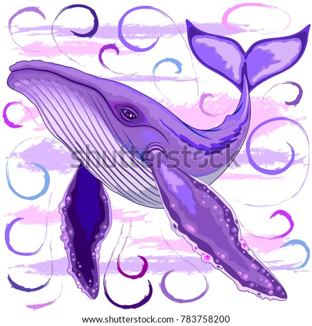 Purple and Pink Humpback Whale, Surreal Underwater Creature, Swimming among abstract water swirls and Watercolor Paint brush strokes