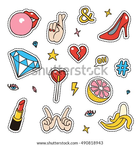 Set of fashion sketchy patches. Different trendy badges and pins. Oldschool vector pictograms in line-art style with 90's colors. Hearts, hands, fruits, hashtags and diamonds icons.