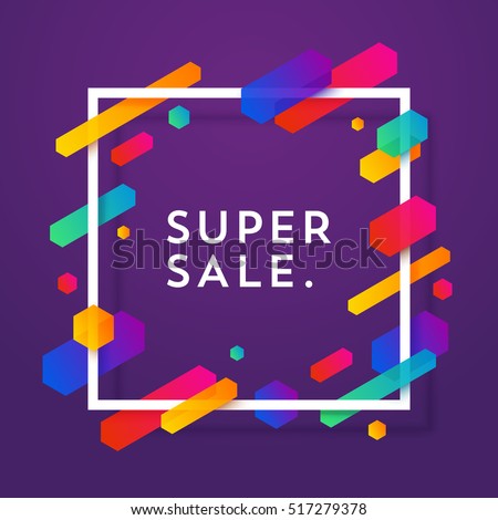 Vector white frame with colorful abstract geometric shapes around it on a purple background. Trendy neon color lines and hexagons in a modern material design style.