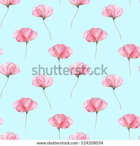 Seamless floral pattern with pink tender flowers hand drawn in watercolor on a mint background
