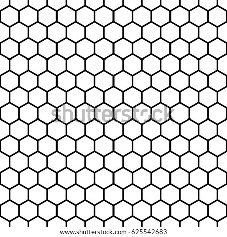 Repeated white polygons on black background. Honeycomb wallpaper. Seamless surface pattern design with regular hexagons. Grill motif. Digital paper for page fills, web designing, textile print. Vector
