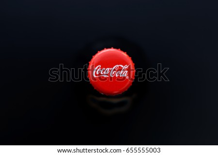 Donetsk, Ukraine - June 05, 2017. Coca Cola bottle. Top view. Low key and soft focus.