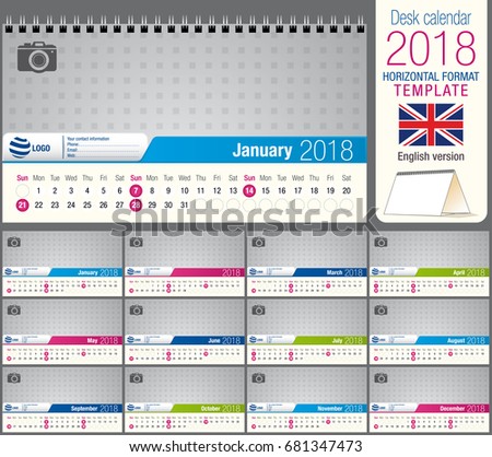 Useful desk triangle calendar 2018 template, ready for printing. Size: 22 cm x 12 cm. Format horizontal. English version