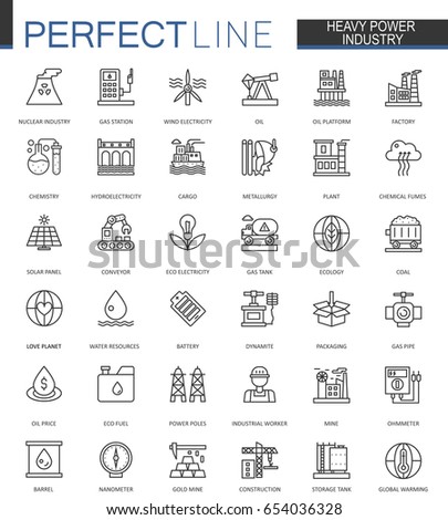 Heavy power industry thin line web icons set. Factory and renewable energy Outline stroke icons design.