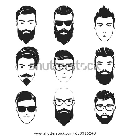 Set Vector Bearded Hipster Men Faces Stock Vector 